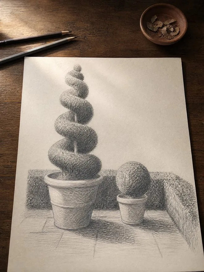 Desenho a lápis de topiarias em espiral e redonda em vasos, sobre mesa de madeira