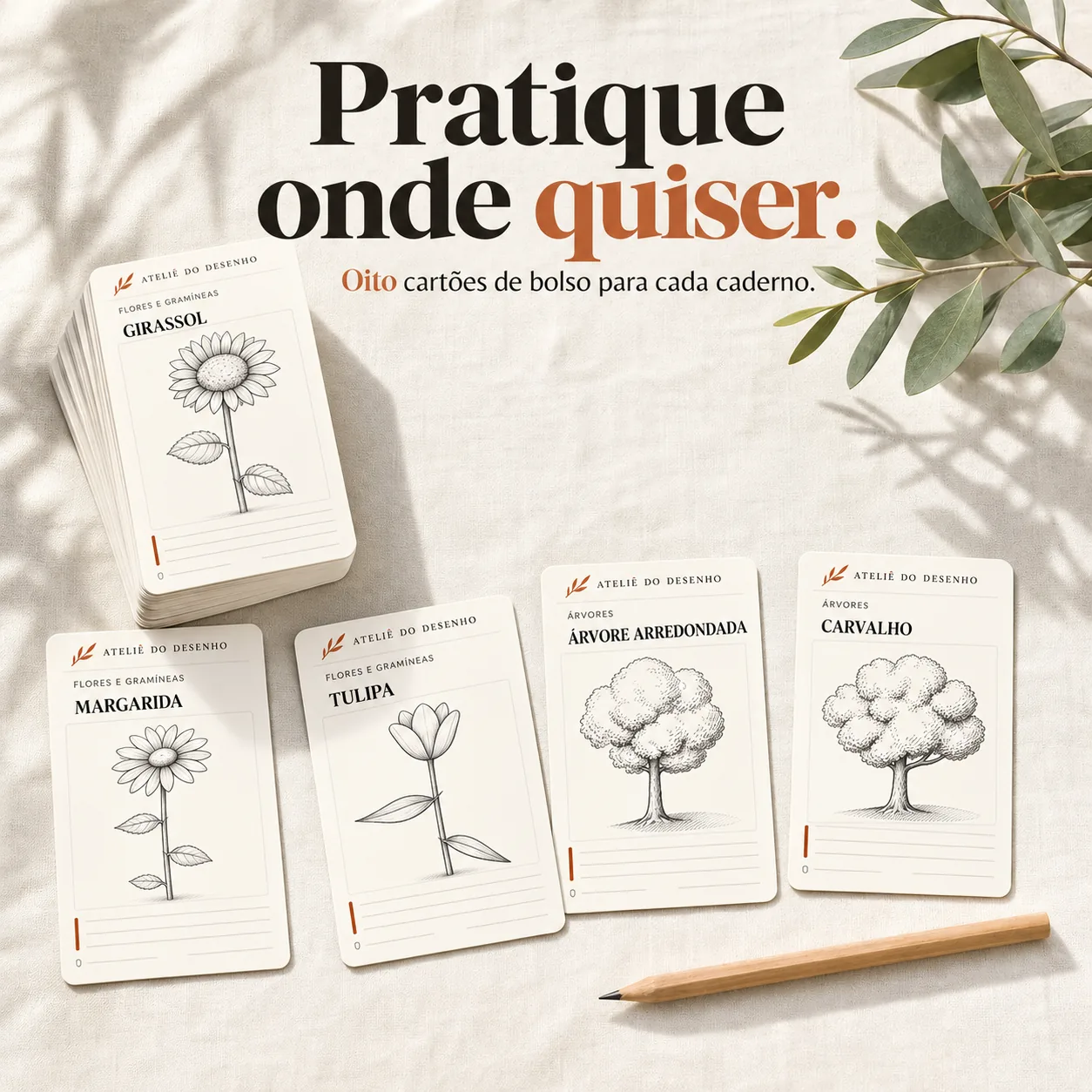Cartões de prática de bolso com girassol, margarida, tulipa, árvore redonda e carvalho