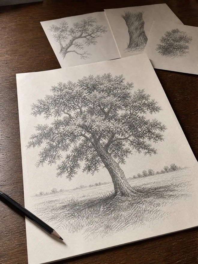 Desenho a lápis de um carvalho frondoso em uma folha sobre mesa de madeira, ao lado de lápis e estudos de árvores