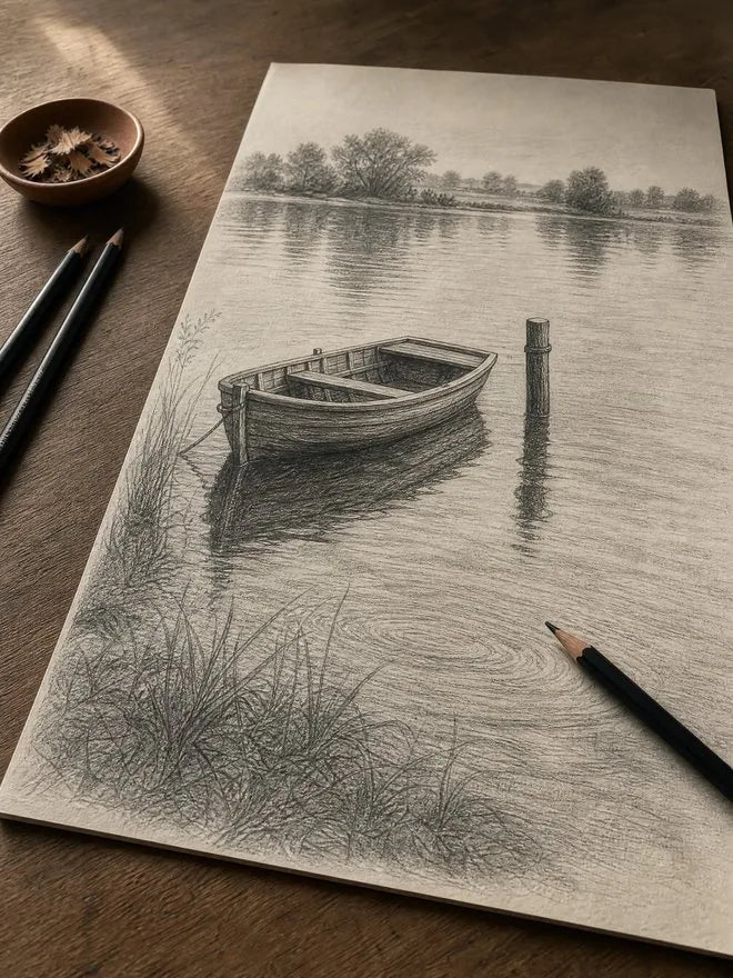 Desenho a lápis de um barco a remo em um lago calmo, com juncos e reflexo na água