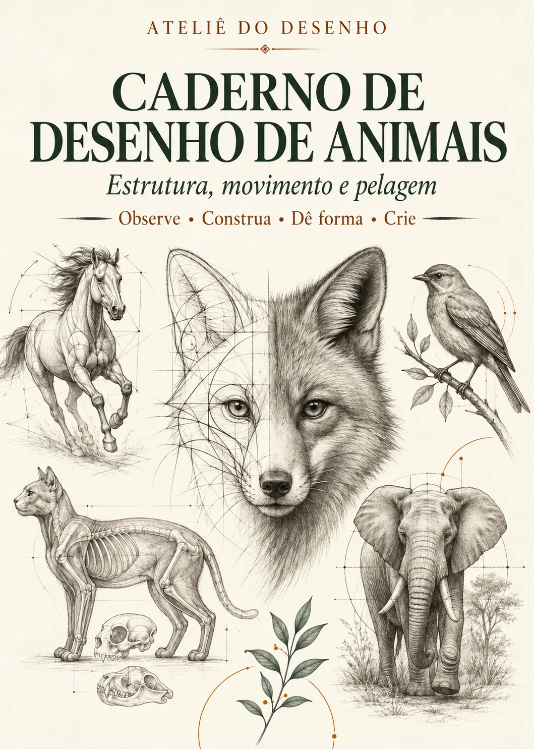 Capa do Caderno de desenho de animais, do Ateliê do Desenho, com desenhos a lápis de animais