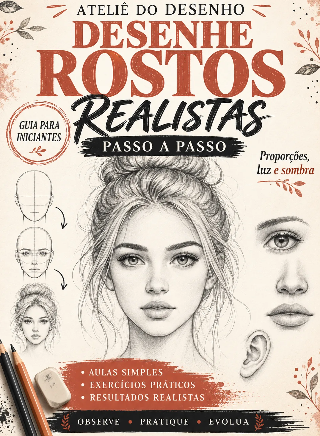 Capa do guia Desenhe rostos realistas, do Ateliê do Desenho, com retrato a lápis