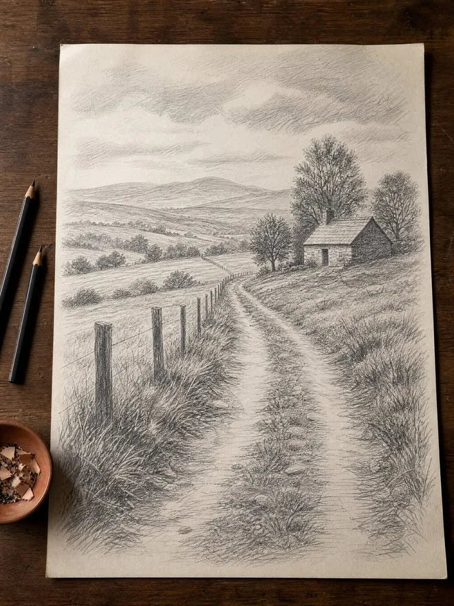 Desenho a lápis de uma estrada de campo com cerca, colinas, árvores e uma casinha