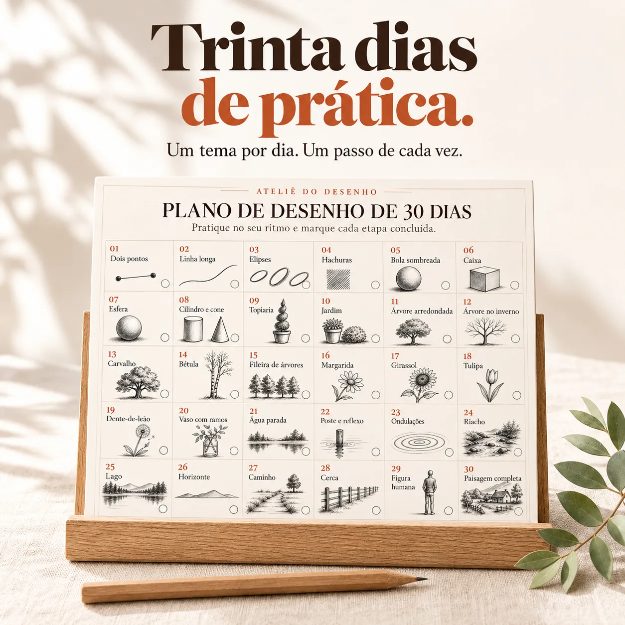 Rastreador de desenho de 30 dias em um suporte de madeira, um tema por dia